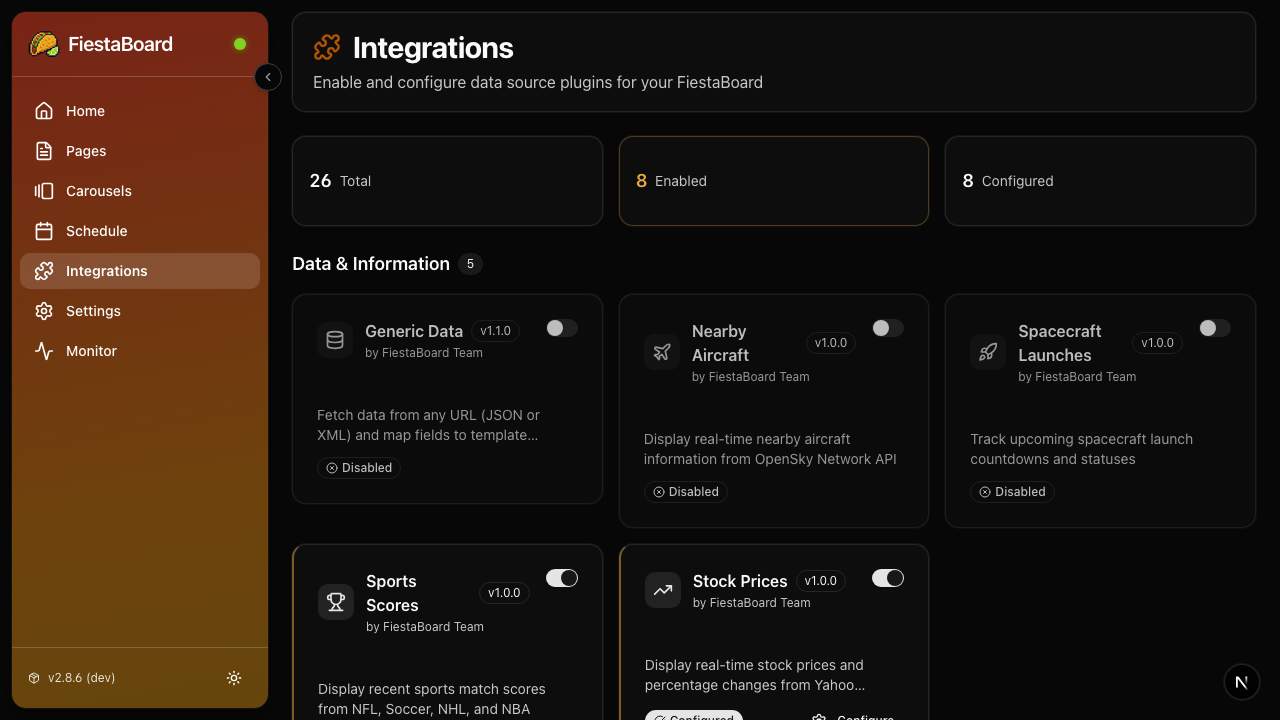 The Integrations page with plugin cards