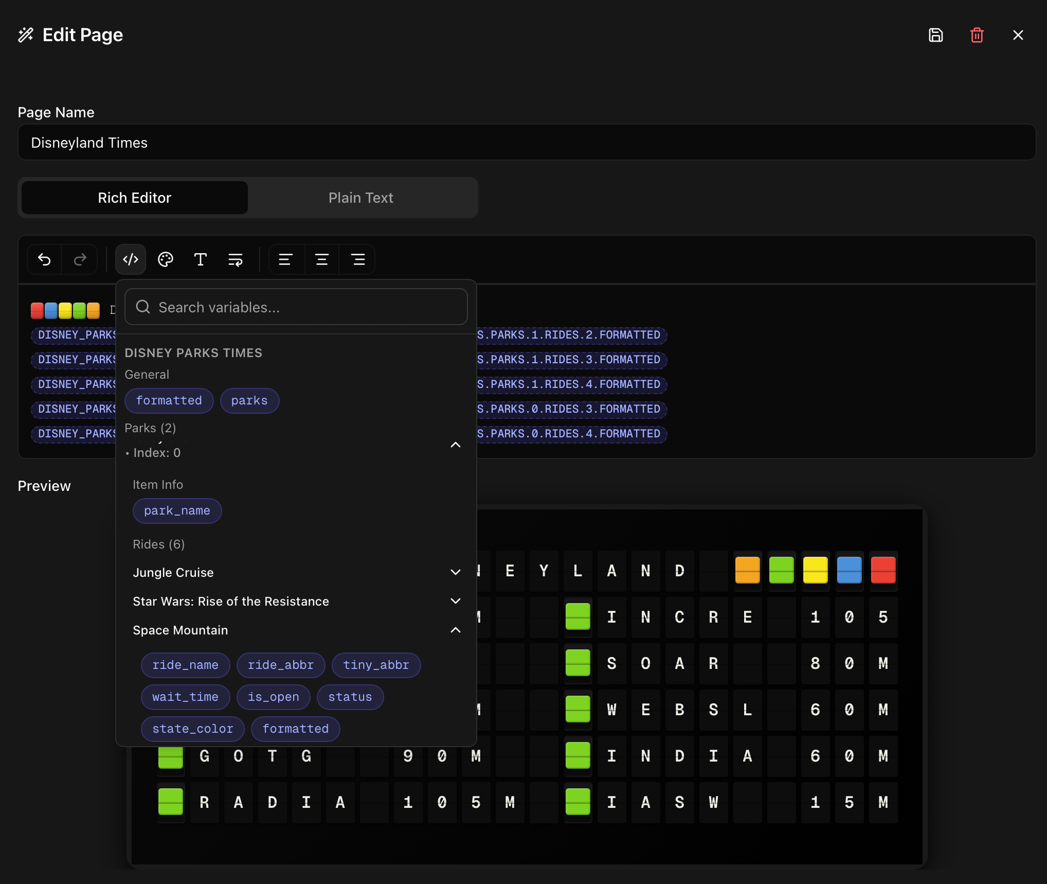 The rich page editor with live grid preview and the template variable picker open