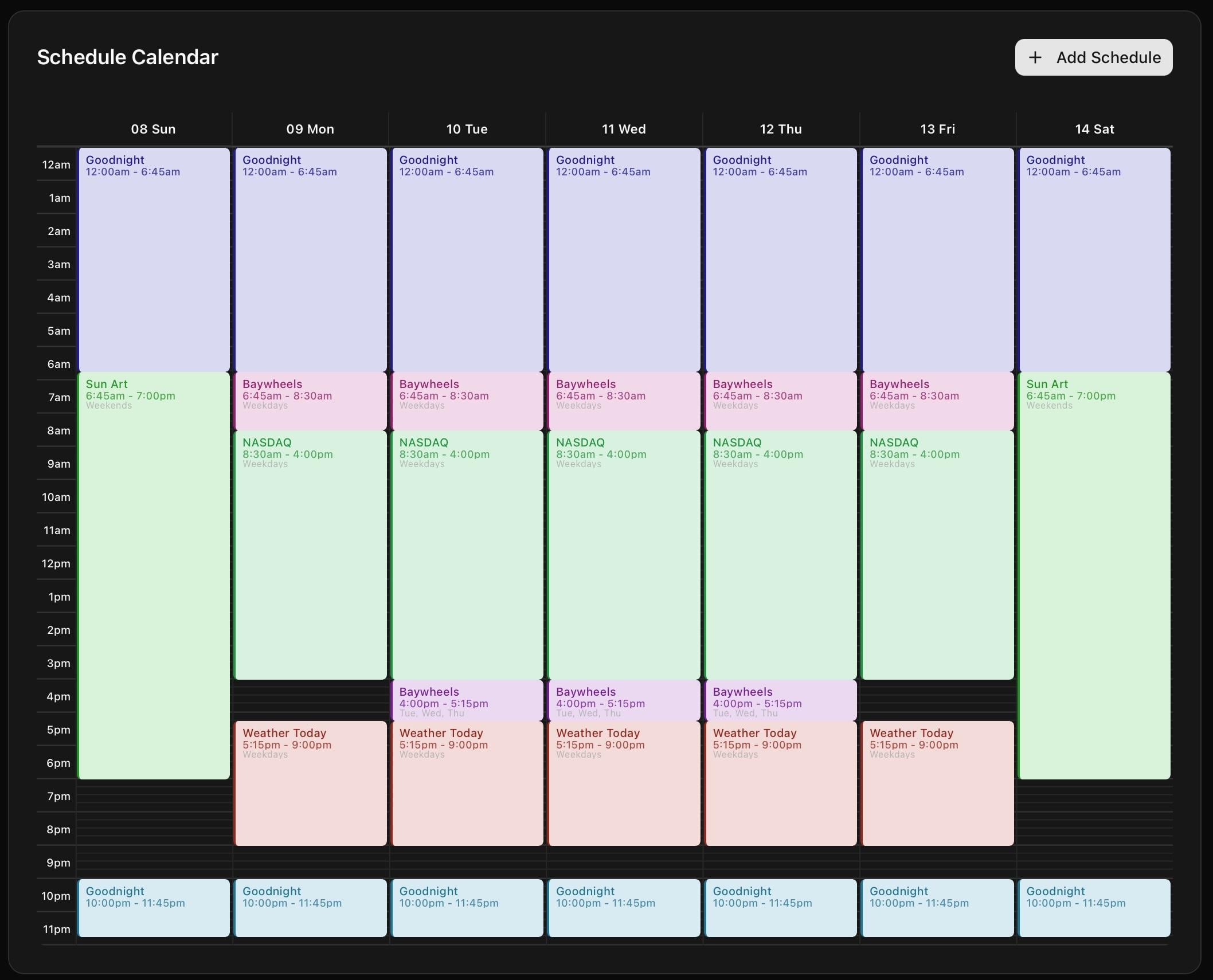 The schedule calendar showing pages rotating through a full week