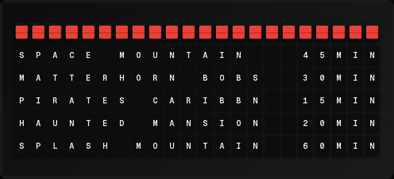 Disney Parks Queue Times displayed on a split-flap board