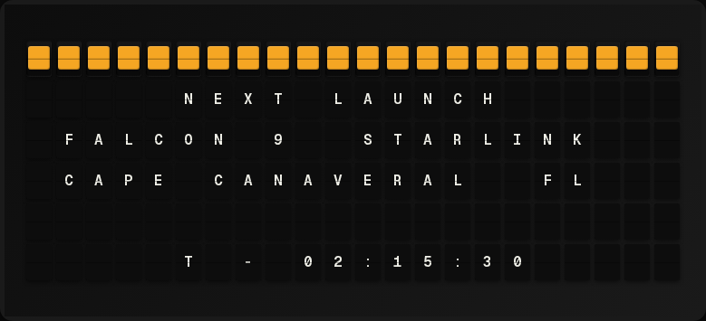 Spacecraft Launches displayed on a split-flap board