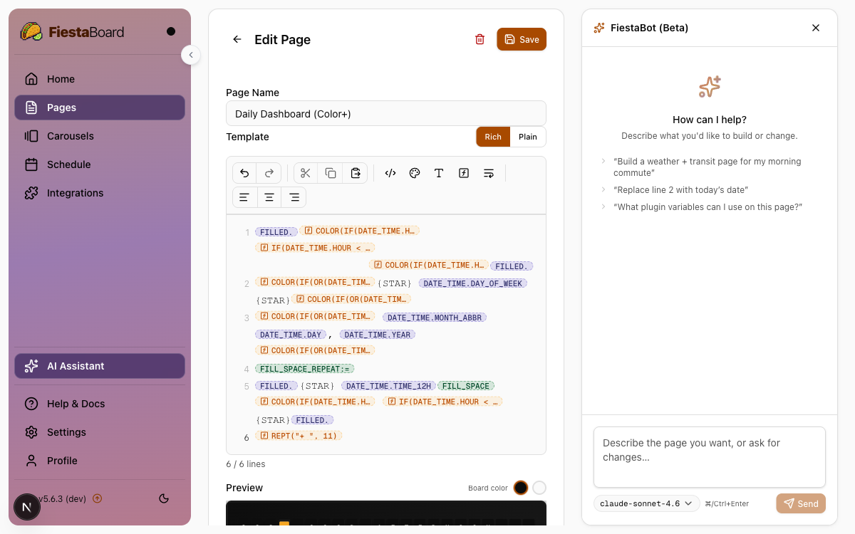 FiestaBot AI chat panel open alongside the page editor