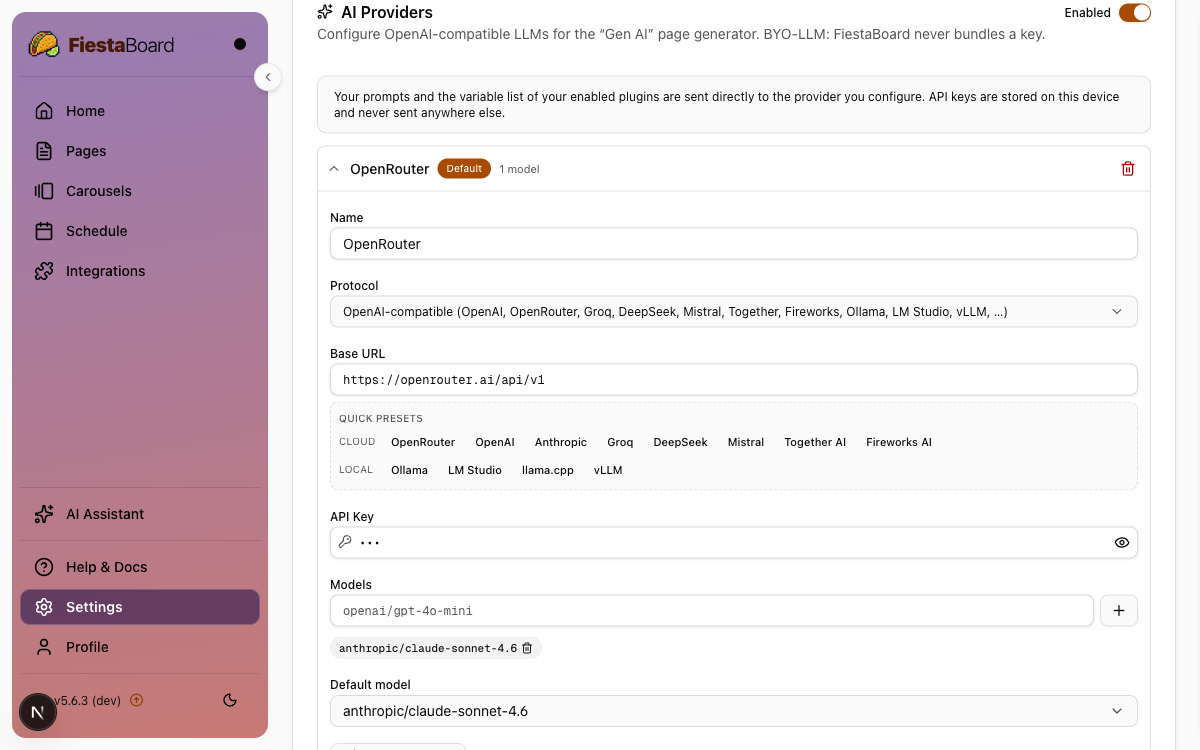 AI Providers settings section showing a configured OpenRouter provider with Quick Presets and model list