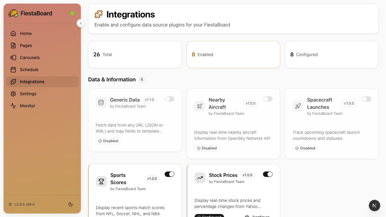 Integrations page showing all plugins with toggle switches