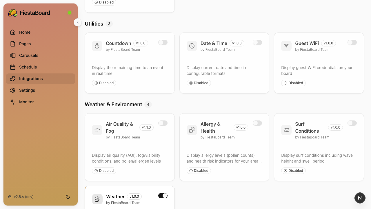 Plugin settings modal for Weather plugin configuration