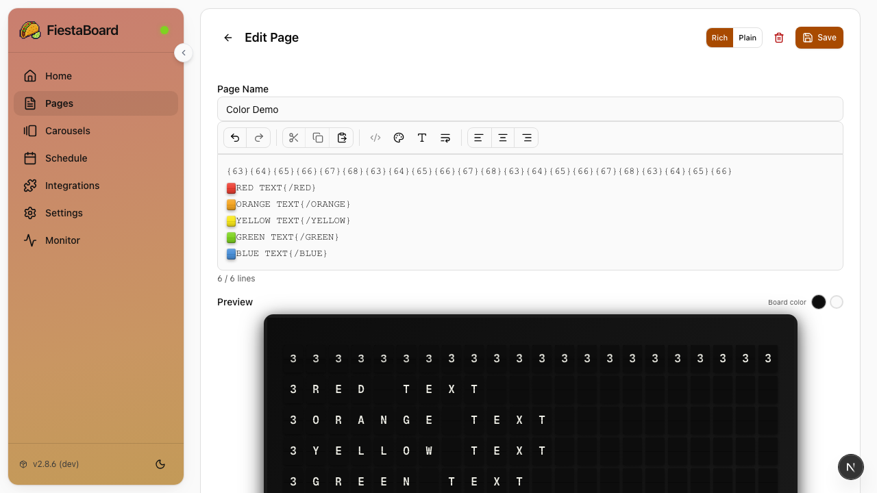 Page editor showing color codes in use