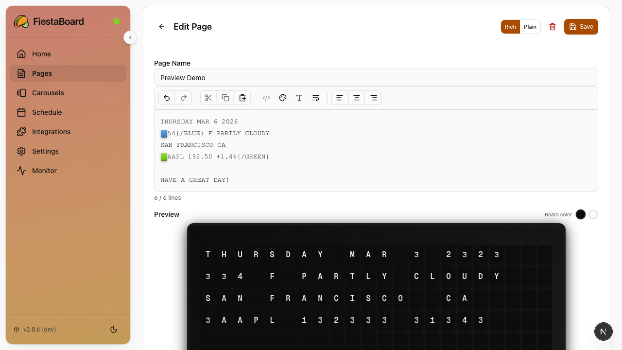 Page editor with live board preview showing rendered content