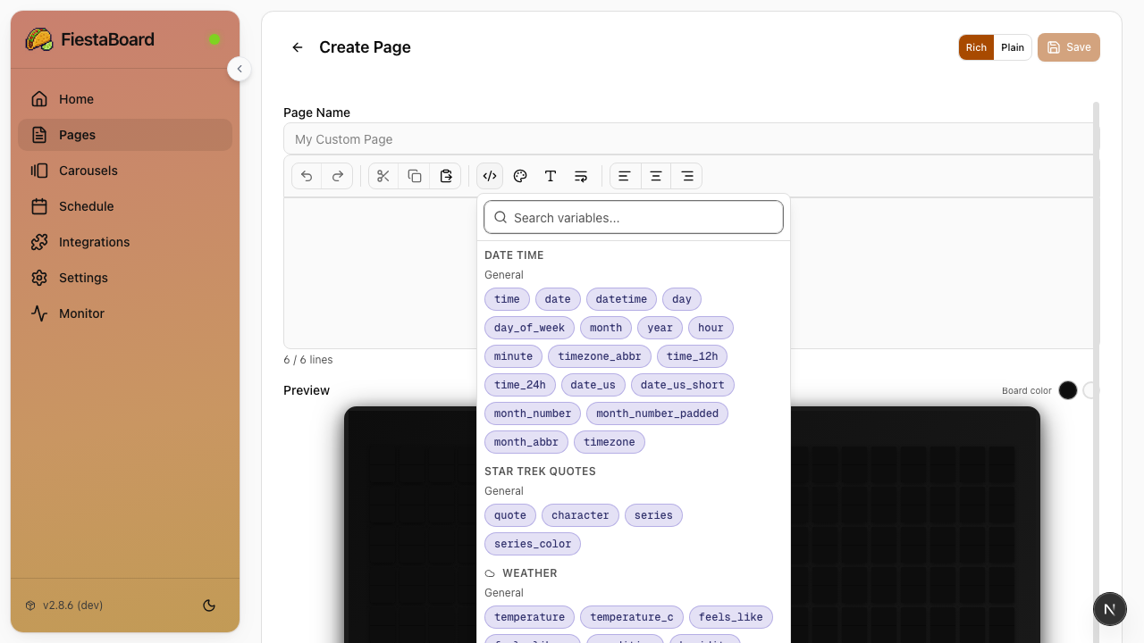 Variable Picker dropdown open showing available plugin variables