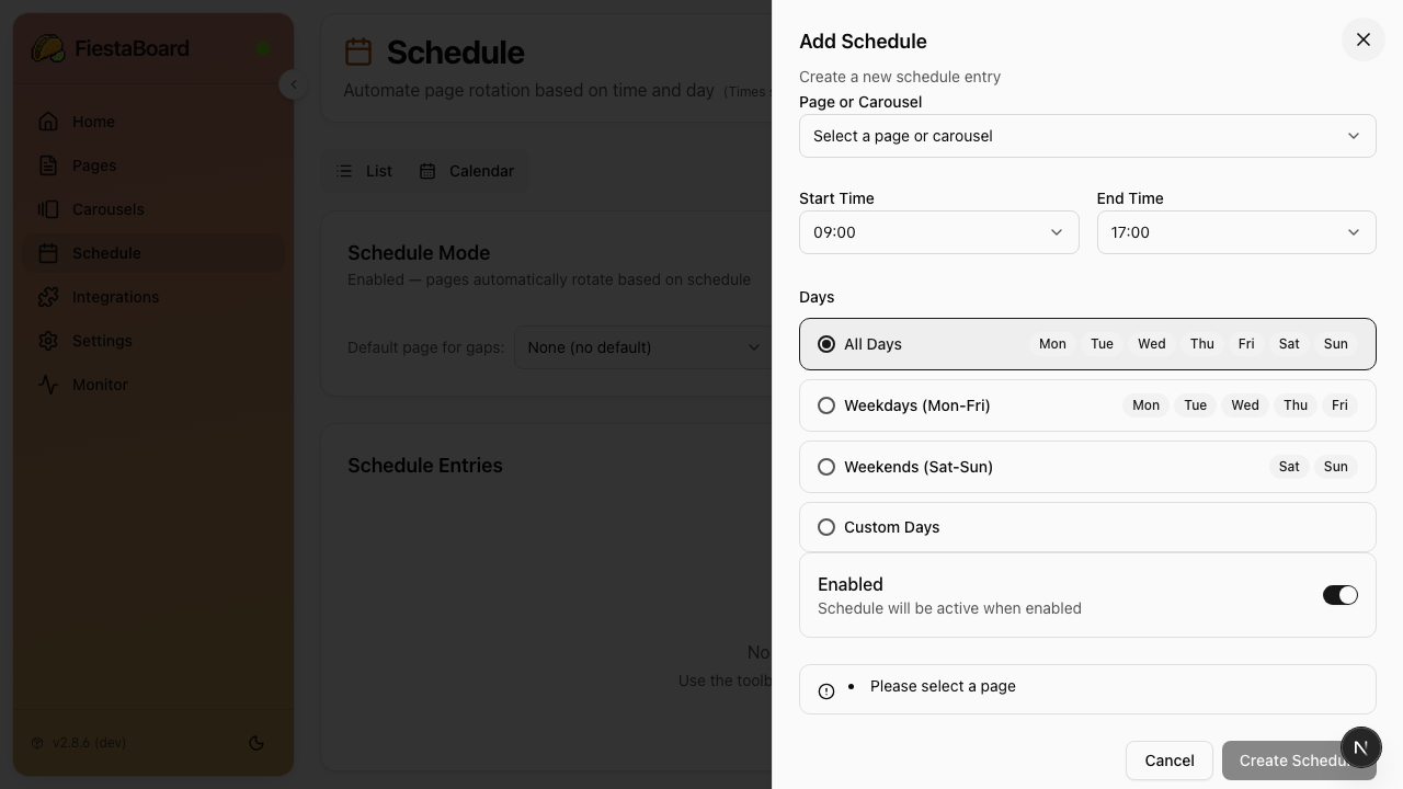 Schedule entry form with page, time, and day selection