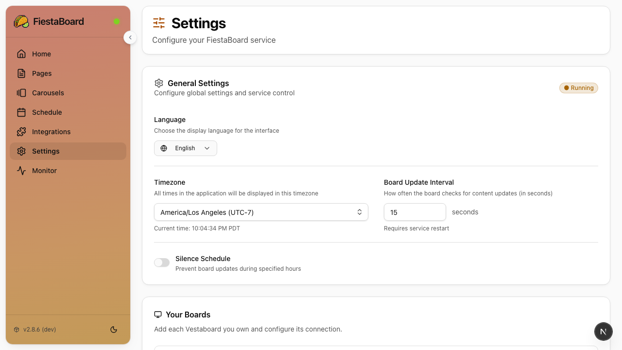 Settings page with board API key and IP address inputs